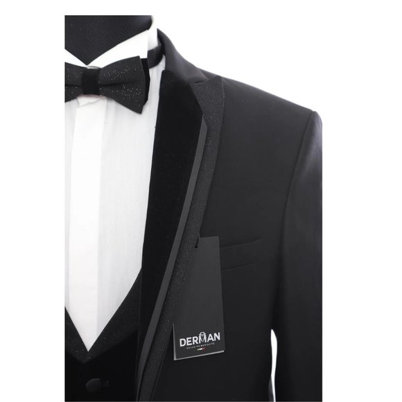 Derman Double Breasted Classic Silvery Collar Black Tuxedo - Picture 2 of 6